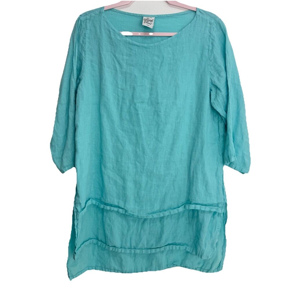MATCH POINT Asymmetrical Blue Tunic 100% Linen Lagenlook Relax Fit Top Tier S